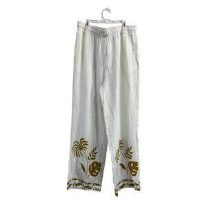 Rachel Zoe Linen Blend Tropical Wide Leg Pants White Gold Resort Size L
